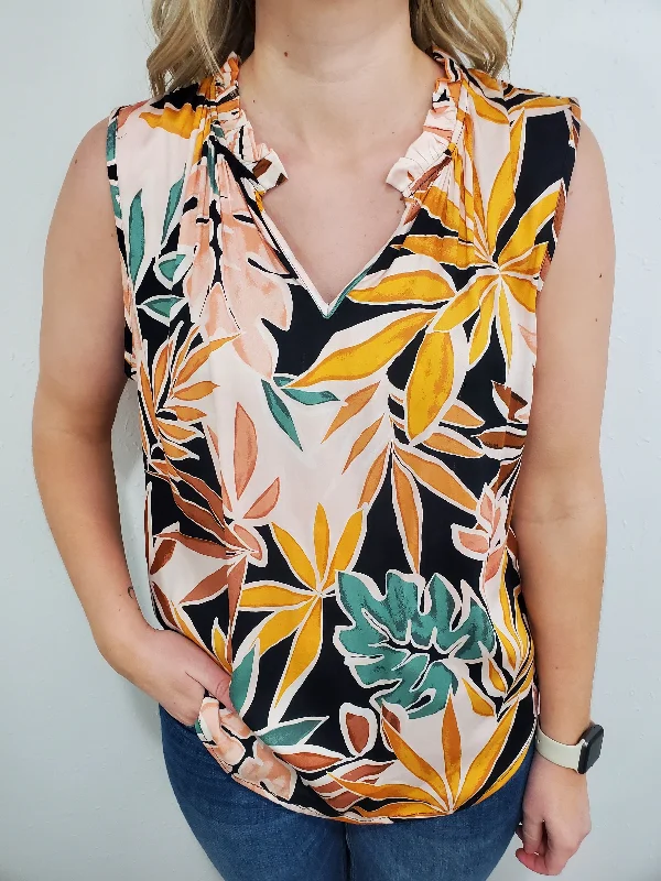 TRIBAL RUFFLE TRIM TANK - APRICOT TAN floral tank top