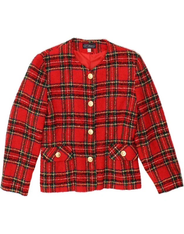 ETCETERA Womens 4 Button Blazer Jacket UK 12 Medium  Red Plaid Acrylic Welt Pockets Slit Pockets Flap Pockets