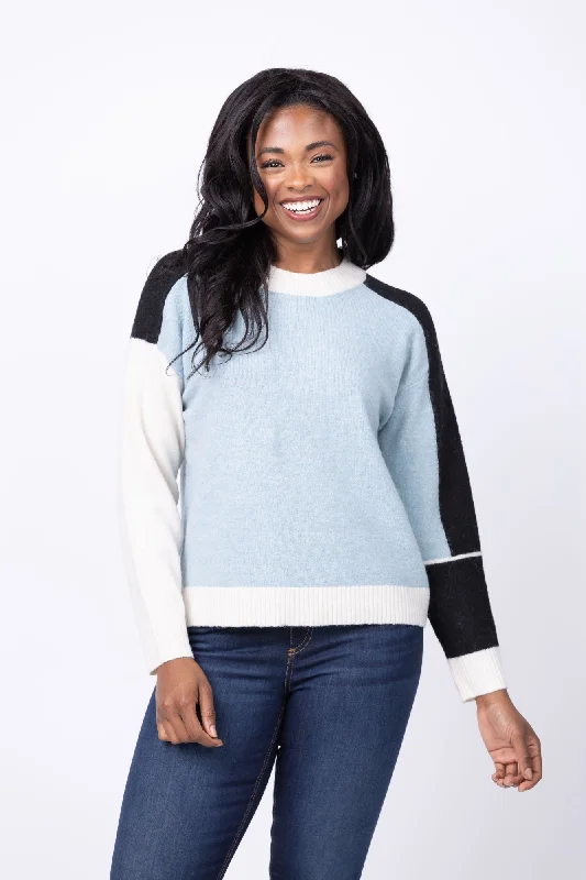 Central Park West Billie Blocked Crewneck Sweater in Blue Multi Zippered Buttoned Snapped Central Park West Billie Blocked Crewneck Sweater in Blue Multi Zippered Buttoned Snapped