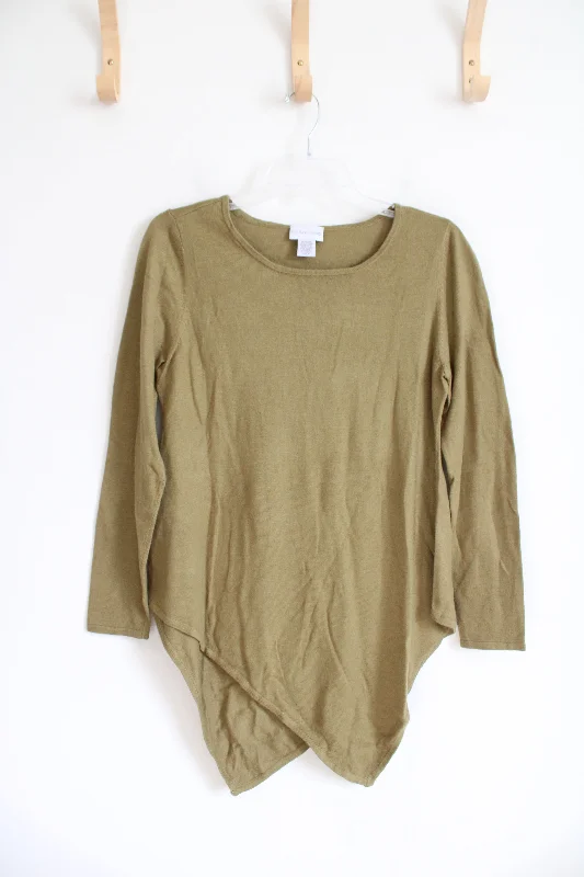 Soft Surroundings Olive Green Asymmetrical Hemline Soft Sweater | M Denim Fabric Leather Fabric Suede Fabric Soft Surroundings Olive Green Asymmetrical Hemline Soft Sweater | M Denim Fabric Leather Fabric Suede Fabric