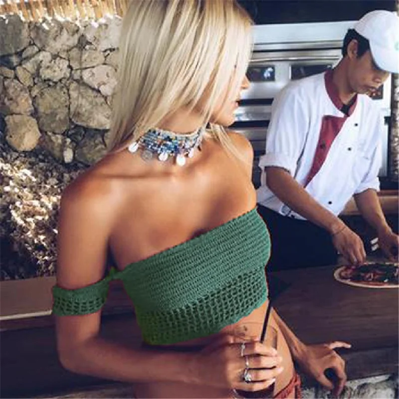 Women's Bandage Crochet Lace Knit Boho Beach Bikini Swimwear Crop Tops Cyan Handmade Hand-knitted Hand-woven Women's Bandage Crochet Lace Knit Boho Beach Bikini Swimwear Crop Tops Cyan Handmade Hand-knitted Hand-woven