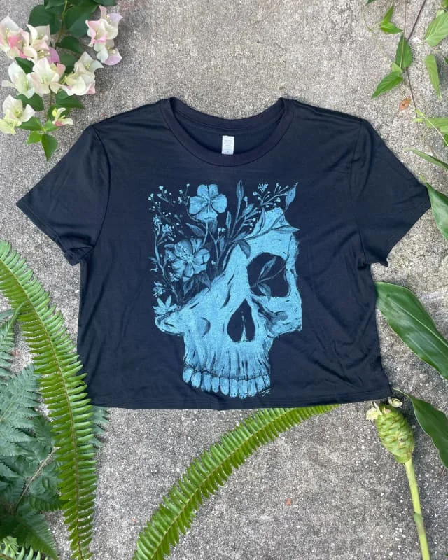 Life and Death V - Women's Fulfilled Skull and Floral Crop Top Silk Blend Satin Velvet Life and Death V - Women's Fulfilled Skull and Floral Crop Top Silk Blend Satin Velvet