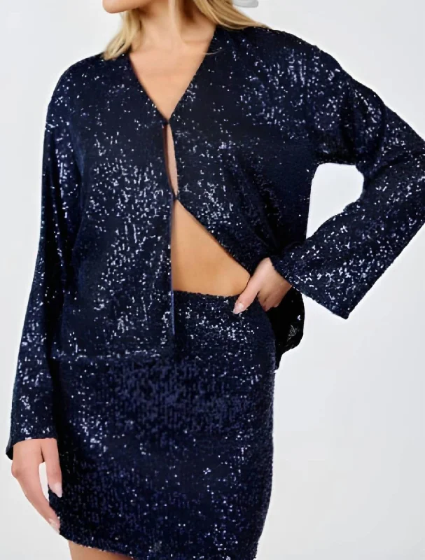Sky High Sequin Jacket In Navy Zip Front Button Front Snap Front