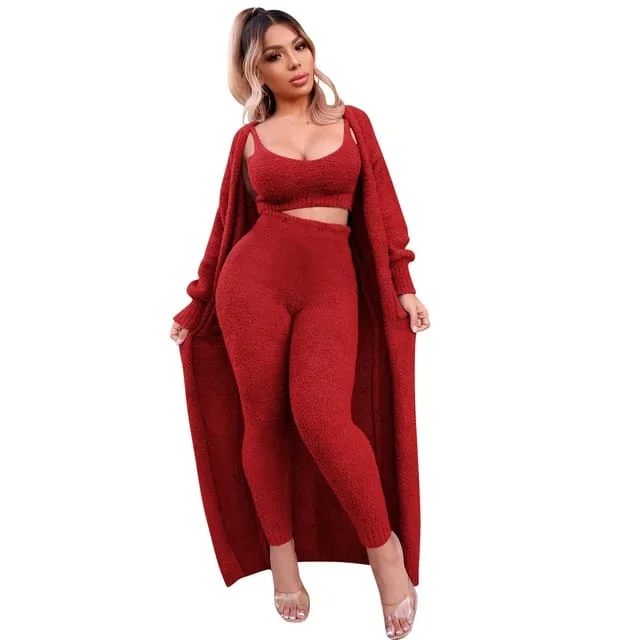 Solid Fuzzy 3 Piece Set Women Sexy Camisole Crop Top Full Sleeve Open Stitch Long Coat Cardigan High Waist Pencil Pants Suit - B-42677 Seamless Knitted Crochet Solid Fuzzy 3 Piece Set Women Sexy Camisole Crop Top Full Sleeve Open Stitch Long Coat Cardigan High Waist Pencil Pants Suit - B-42677 Seamless Knitted Crochet