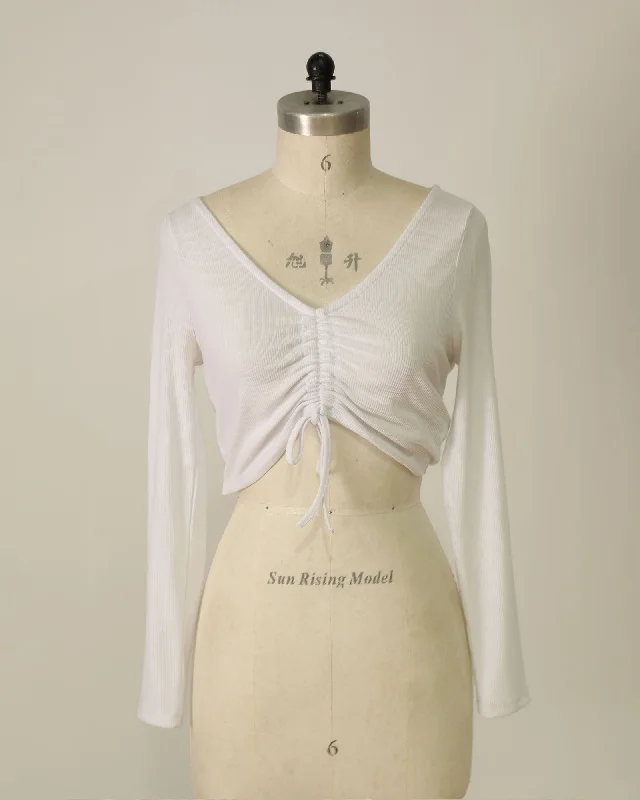 Long Sleeve Ruched Front V-Neck Crop Top - White Knit Fabric Woven Fabric Fleece Fabric Long Sleeve Ruched Front V-Neck Crop Top - White Knit Fabric Woven Fabric Fleece Fabric