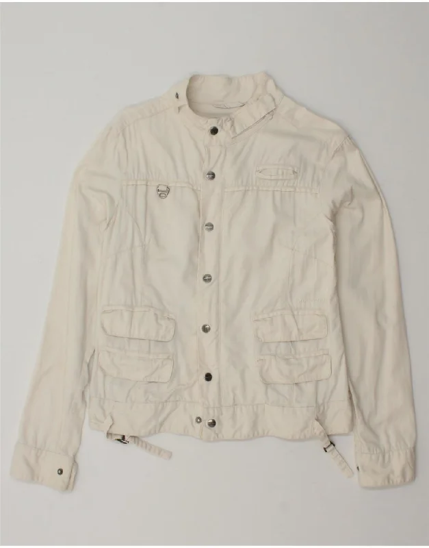 WOOLRICH Womens Denim Jacket UK 14 Large Off White Cotton Elasticated Jacket Padded Jacket Insulated Jacket