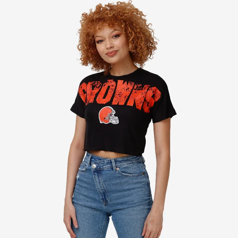 Cleveland Browns Womens Distressed Wordmark Crop Top Welt Pockets Slit Pockets Flap Pockets Cleveland Browns Womens Distressed Wordmark Crop Top Welt Pockets Slit Pockets Flap Pockets