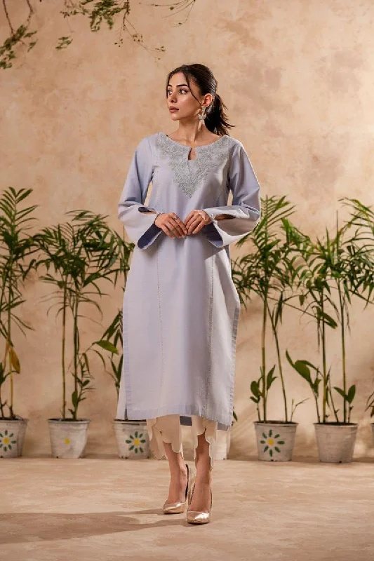 Fozia Khalid - Lilac Hint Tunic with Trouser - Cotton - 2 Piece Trousers Bootcut Casual Fozia Khalid - Lilac Hint Tunic with Trouser - Cotton - 2 Piece Trousers Bootcut Casual