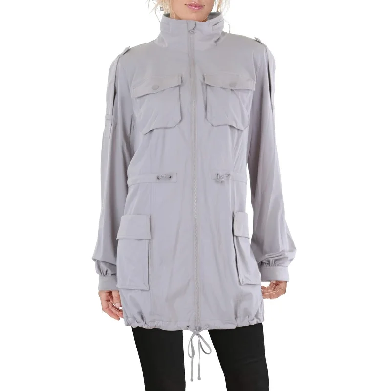 Womens Utility Hidden Hood Anorak Jacket Zip Front Button Front Snap Front