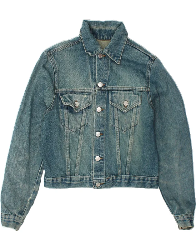 VINTAGE Womens Crop Denim Jacket UK 10 Small Blue Cotton Belted Jacket Elasticated Jacket Padded Jacket