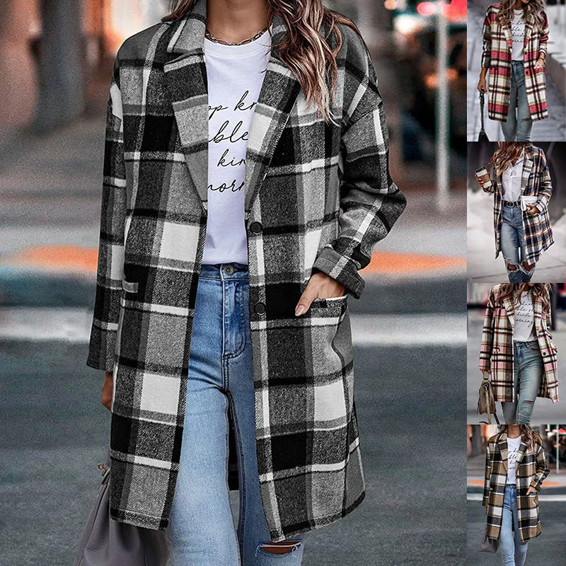 Fashion Plaid Long Jacket With Pockets Autumn And Winter New Style Turndown Collar Woolen Coat Outdoor Women Clothing Knit Fabric Woven Fabric Fleece Fabric