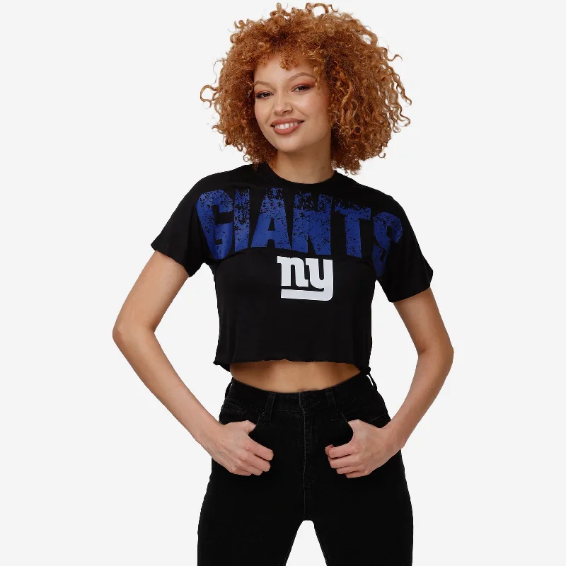 New York Giants Womens Distressed Wordmark Crop Top Fleece Fabric Down Fabric Feather Fabric New York Giants Womens Distressed Wordmark Crop Top Fleece Fabric Down Fabric Feather Fabric