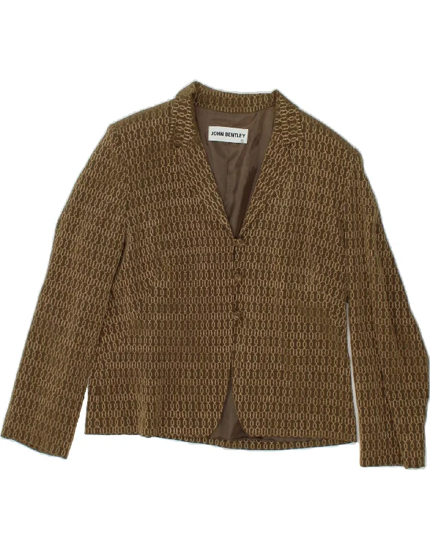 JOHN BENTLEY Womens Abstract Pattern 3 Button Blazer Jacket US 14 XL Brown Nylon Fabric Polyester Fabric Spandex Fabric