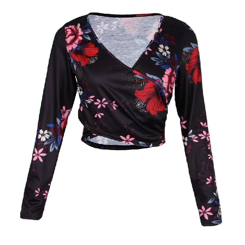 Maxbell Women's Floral Print Cross Wrap Crop Tops Long Sleeve V Neck Shirts M Black Mesh Blend Leather Blend Suede Blend Maxbell Women's Floral Print Cross Wrap Crop Tops Long Sleeve V Neck Shirts M Black Mesh Blend Leather Blend Suede Blend