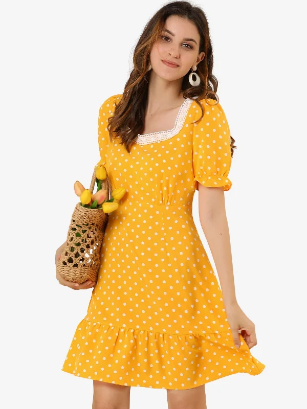 Summer Sweetheart Neck Ruffled Hem Puff Short Sleeve Polka Dots Dress Tunics Yoga stretchy