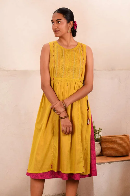 Rangsutra Saheli Double Layer Hand Embroidered Yellow Mulmul Cotton Kurta Dress With Printed Pink Slip Tunics Handmade artisanal Rangsutra Saheli Double Layer Hand Embroidered Yellow Mulmul Cotton Kurta Dress With Printed Pink Slip Tunics Handmade artisanal