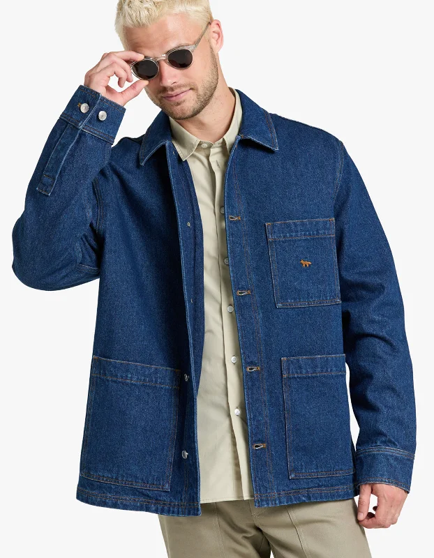 Denim Workwear Jacket - Stone Washed Indigo Cotton Fabric Linen Fabric Terry Fabric