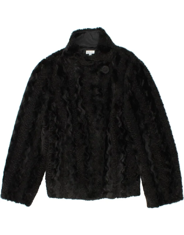EAST Womens Faux Fur Jacket UK 14 Medium Black Acrylic A-Line Jacket Boat Neck Shawl Collar