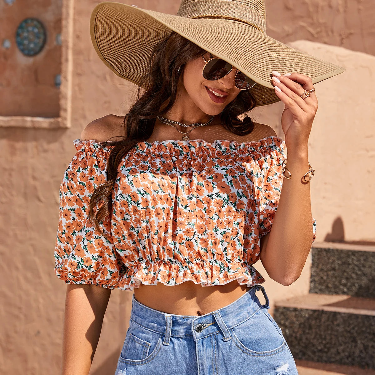 Floral Lantern Sleeve Casual Shirt Women Summer Vacation Elastic Off Shoulder Crop Tops Beach Style Faux Fur Fabric Real Fur Fabric Shearling Fabric Floral Lantern Sleeve Casual Shirt Women Summer Vacation Elastic Off Shoulder Crop Tops Beach Style Faux Fur Fabric Real Fur Fabric Shearling Fabric