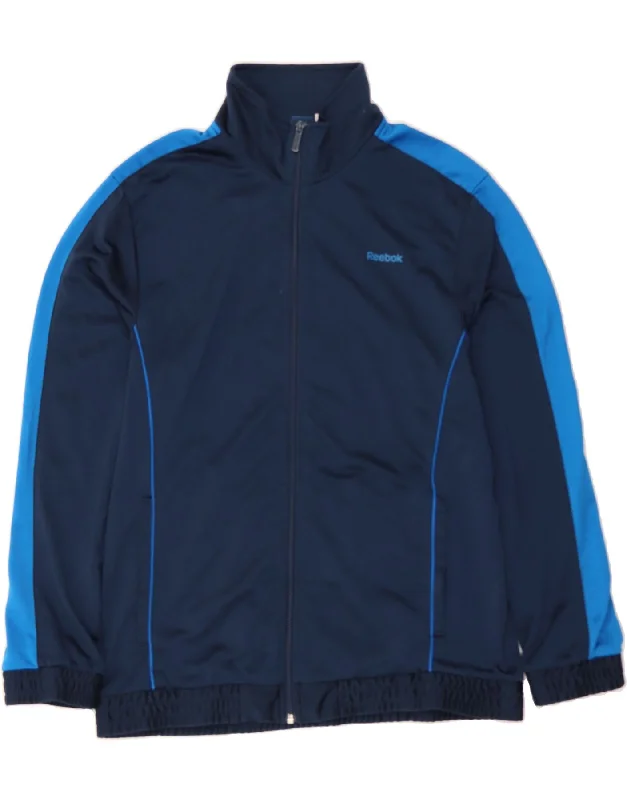 REEBOK Womens Tracksuit Top Jacket UK 16 Large Navy Blue Colourblock Notch Collar Jacket Peter Pan Collar Jacket Cowl Neck Jacket