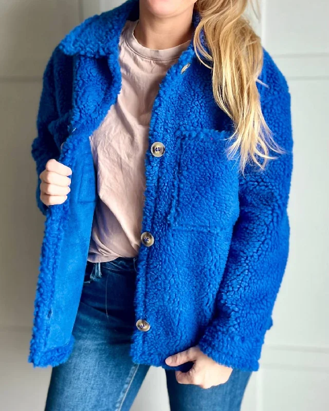 Cozy Sherpa Fleece Jacket In Azure Zippered Front Buttoned Front Snap Front
