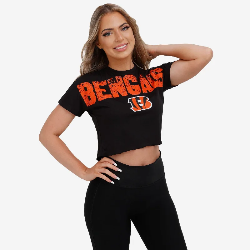 Cincinnati Bengals Womens Distressed Wordmark Crop Top Spandex Blend Rayon Blend Denim Blend Cincinnati Bengals Womens Distressed Wordmark Crop Top Spandex Blend Rayon Blend Denim Blend