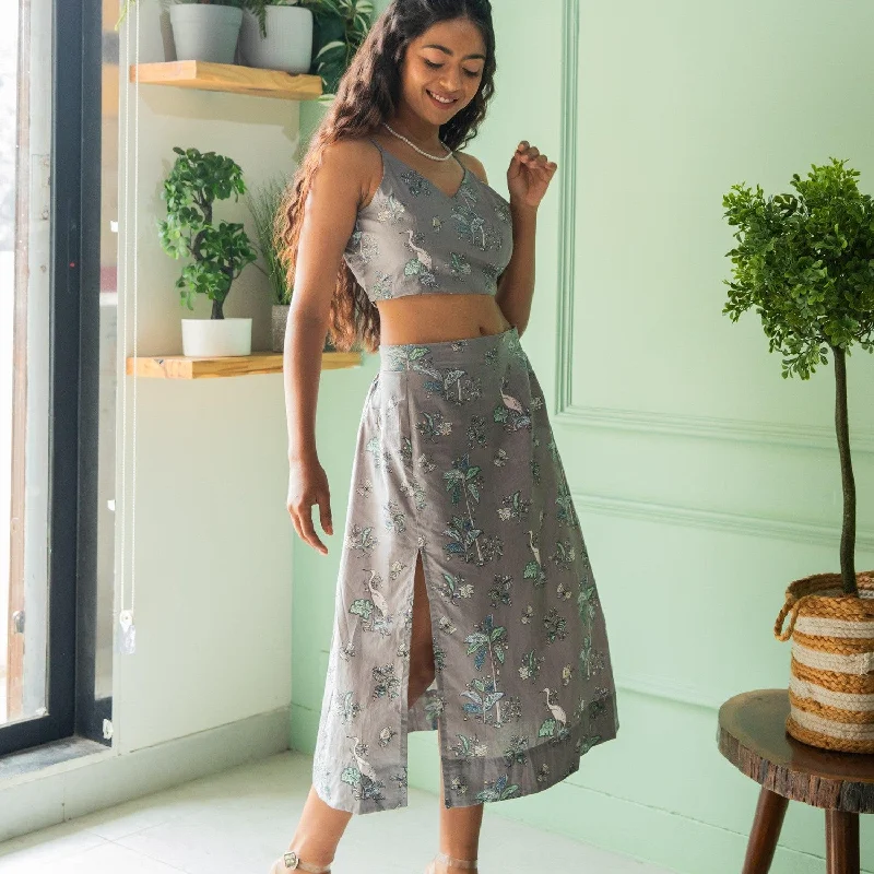 Grey Tropical Tango Skirt Co-ord Set with Crop Top Spandex Blend Rayon Blend Denim Blend Grey Tropical Tango Skirt Co-ord Set with Crop Top Spandex Blend Rayon Blend Denim Blend