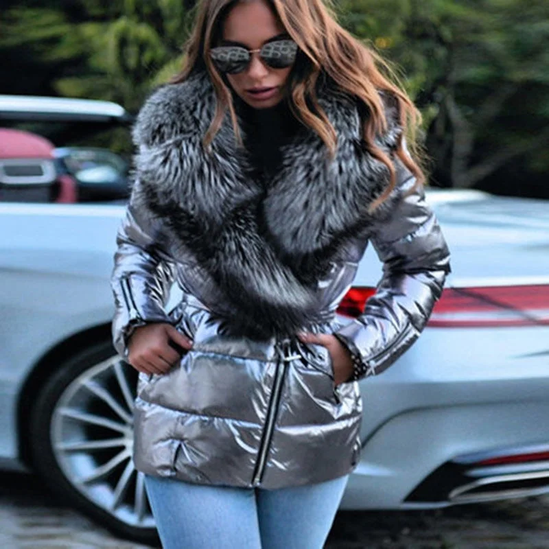 Fashion Winter Cotton Jacket With Big Fur Turndown Collar Silver Black Waterproof Lace Up Coat Faux Fur Fabric Real Fur Fabric Shearling Fabric