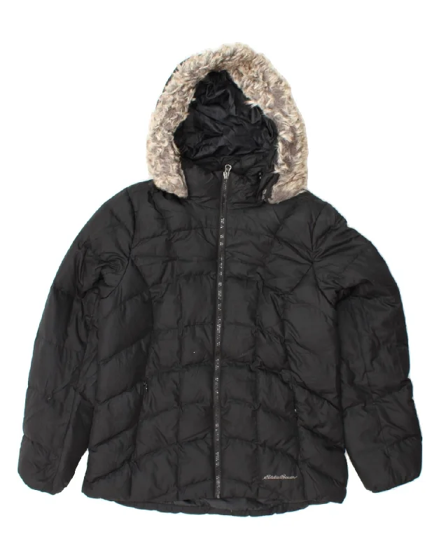 EDDIE BAUER Womens Hooded Padded Jacket UK 14 Medium Black Polyester Oversized Jacket Tailored Jacket Straight Jacket