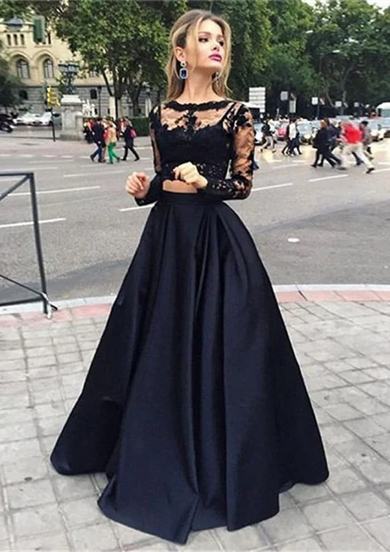 Bateau Crop Tops Long Satin A-Line Skirt 2 Piece Set Black Prom Dress Beaded Sequined Faux Fur Bateau Crop Tops Long Satin A-Line Skirt 2 Piece Set Black Prom Dress Beaded Sequined Faux Fur