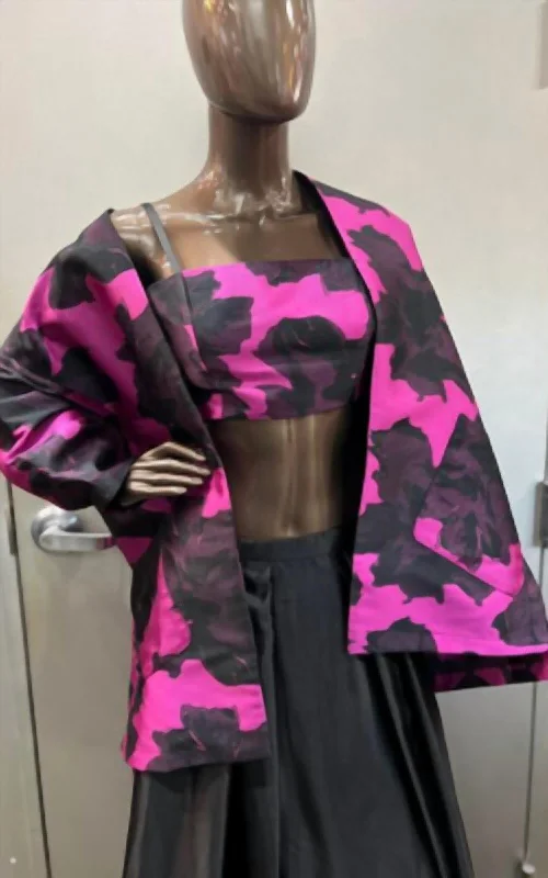 Zinzane Abstract Floral Bandeau And Jacket Set In Magenta/black Nylon Jacket Polyester Jacket Spandex Jacket Zinzane Abstract Floral Bandeau And Jacket Set In Magenta/black Nylon Jacket Polyester Jacket Spandex Jacket