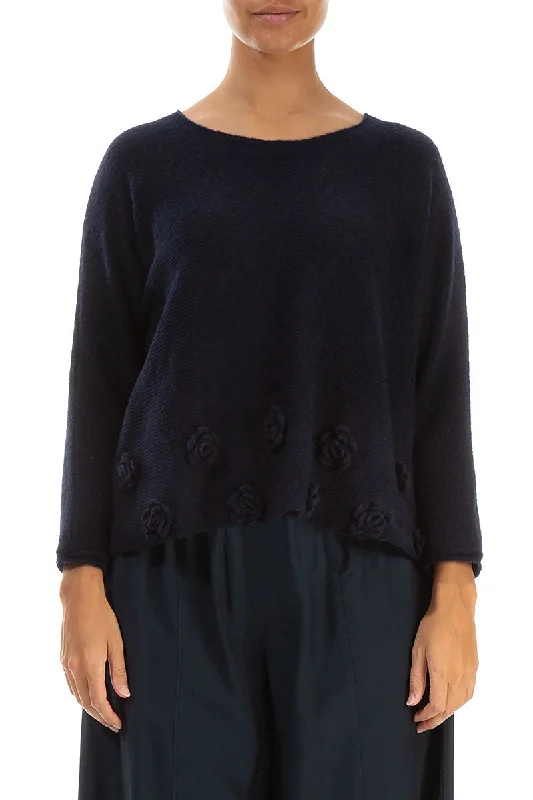 Flowers Midnight Blue Wool Sweater Real Fur Shearling Chenille