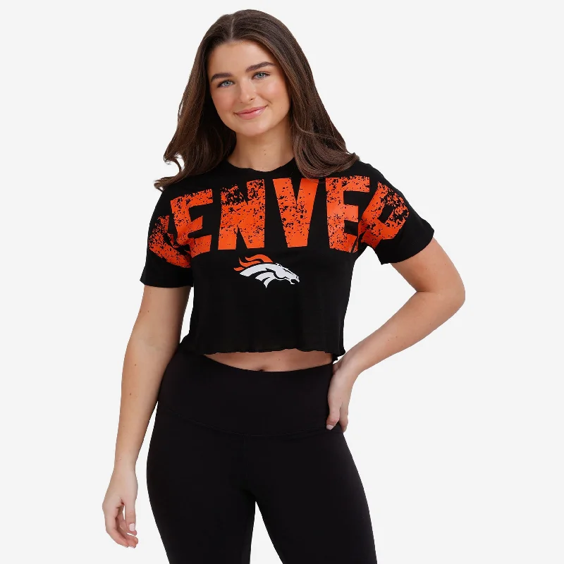 Denver Broncos Womens Distressed Wordmark Crop Top Front Pockets Side Pockets Patch Pockets Denver Broncos Womens Distressed Wordmark Crop Top Front Pockets Side Pockets Patch Pockets