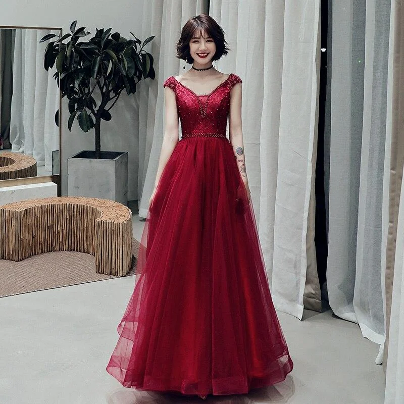 Wine Red Sexy V-Neck Beaded Tulle Long Prom Dress, Dark Red Tulle With Applique Evening Dresses cg20827 Wine Red Sexy V-Neck Beaded Tulle Long Prom Dress, Dark Red Tulle With Applique Evening Dresses cg20827