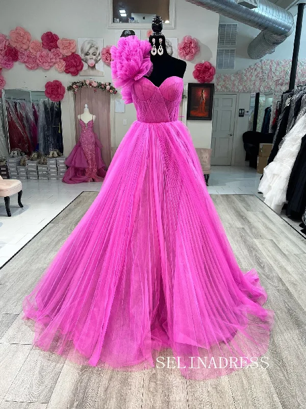 Chic Fuchsia One Shoulder Long Prom Dresses Ruffles Evening Dress #TKL204