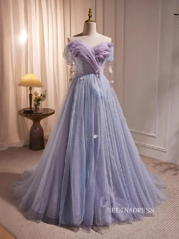Chic A-line Off-the-shoulder Lilac Long Prom Dresses Shiny Evening Dress #TK161