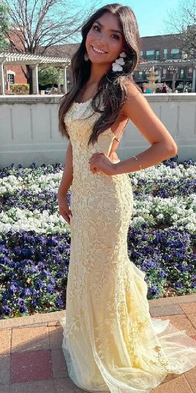 mermaid yellow lace long prom dress formal dress    cg21176