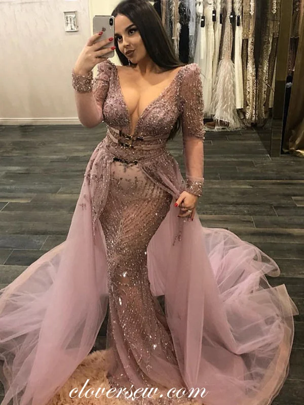 Gorgeous Tulle Bead Applique Long Sleeves Sheath Formal Dresses, CP0184