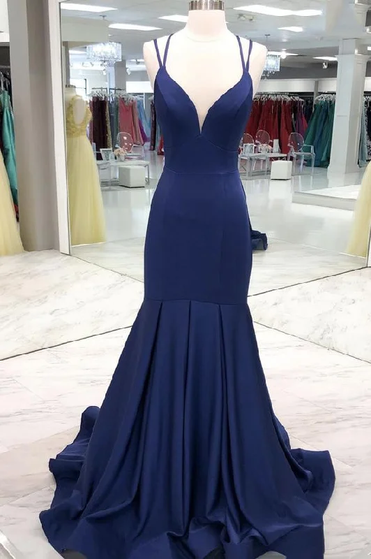 Blue satin long prom dress mermaid evening dress    cg21177