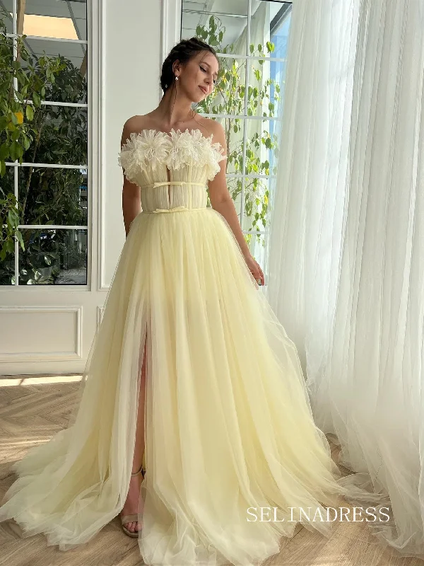 A-line Strapless Beautiful Prom Dress Daffodil Long Evening Dresses SEA034