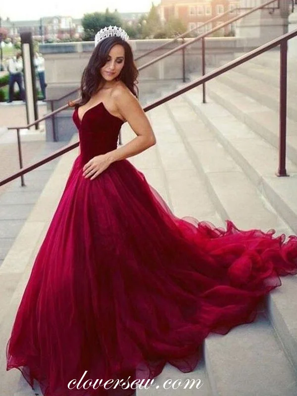 Burgundy Velvet Tulle Strapless A-line With Train Prom Dresses,CP0185