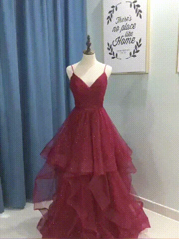 Red Sequin Tulle Spaghetti Strap Ruffles A-line Prom Dresses,CP0142