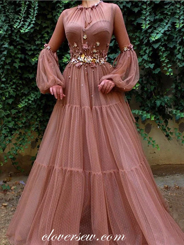 Unique Tulle Long Lantern Sleeves 3D Appliques A-line Prom Dresses,CP0151