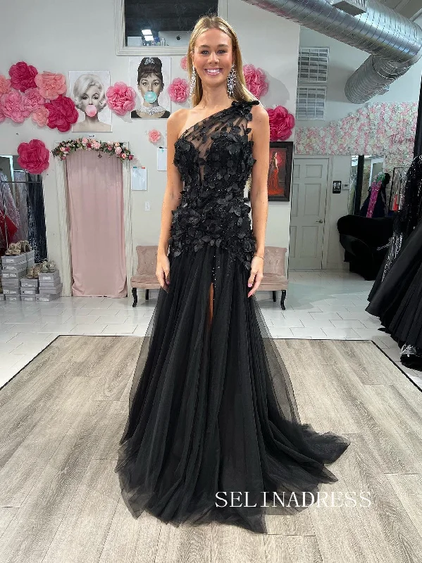 Chic Black One Shoulder Long Prom Dresses Applique Evening Dress #TKL205