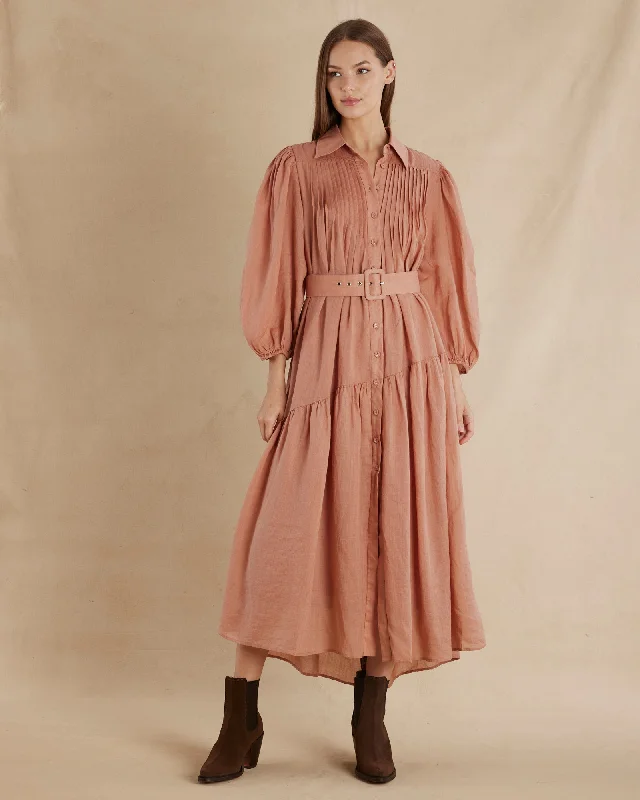 Poeta Ramie Pintuck Belted Dress - Blush