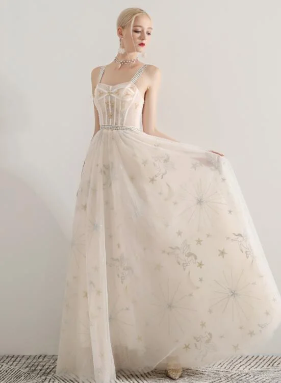 Ivory Sweetheart Straps Long Formal Dress, A-Line Ivory Tulle Evening Dress Prom Dress   cg21265
