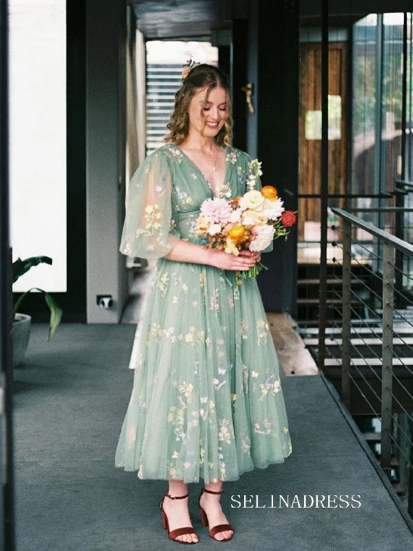 V neck Half Sleeve Flower Prom Dress Tea Length Green Evening Dresses SEA032