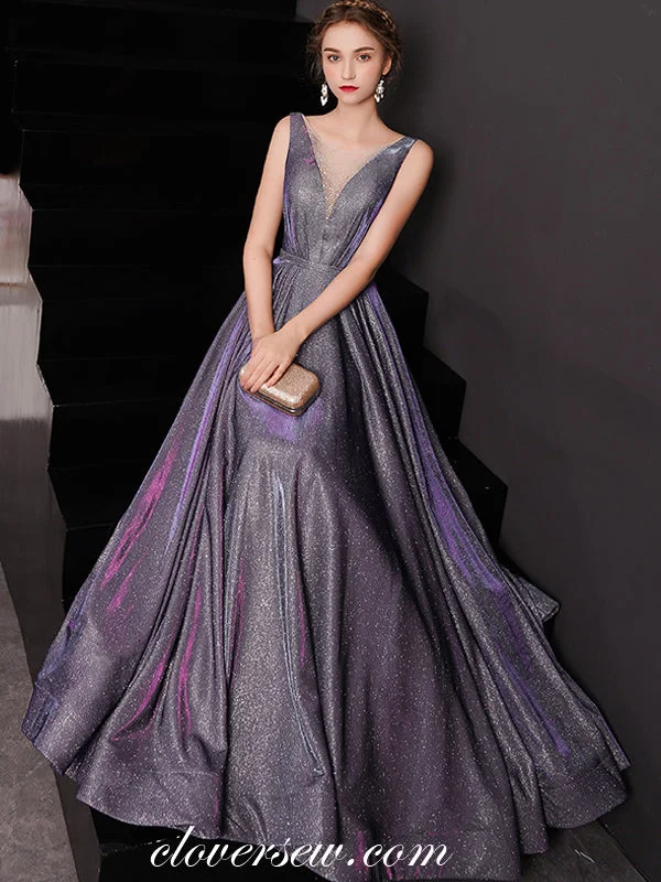 Purple Shiny Satin Sleeveless A-line Fashion Prom Dresses ,CP0177