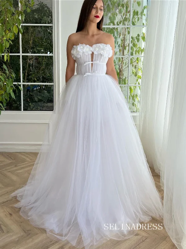A-line Strapless Gorgeous Prom Dress White Long Evening Dresses SEA031