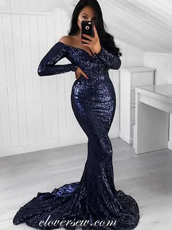 Navy Sequin Off The Shoulder Long Sleeves Mermaid Prom Dresses,CP0154